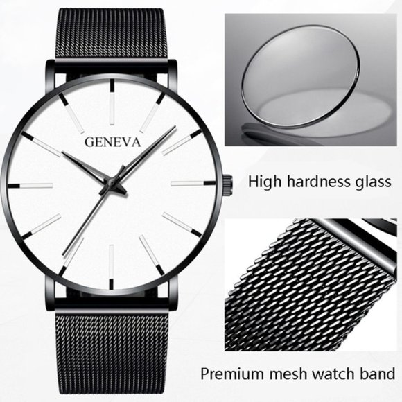 GENEVA Stainless Black Mesh Band Luxury Mens Watch - Picture 2 of 7